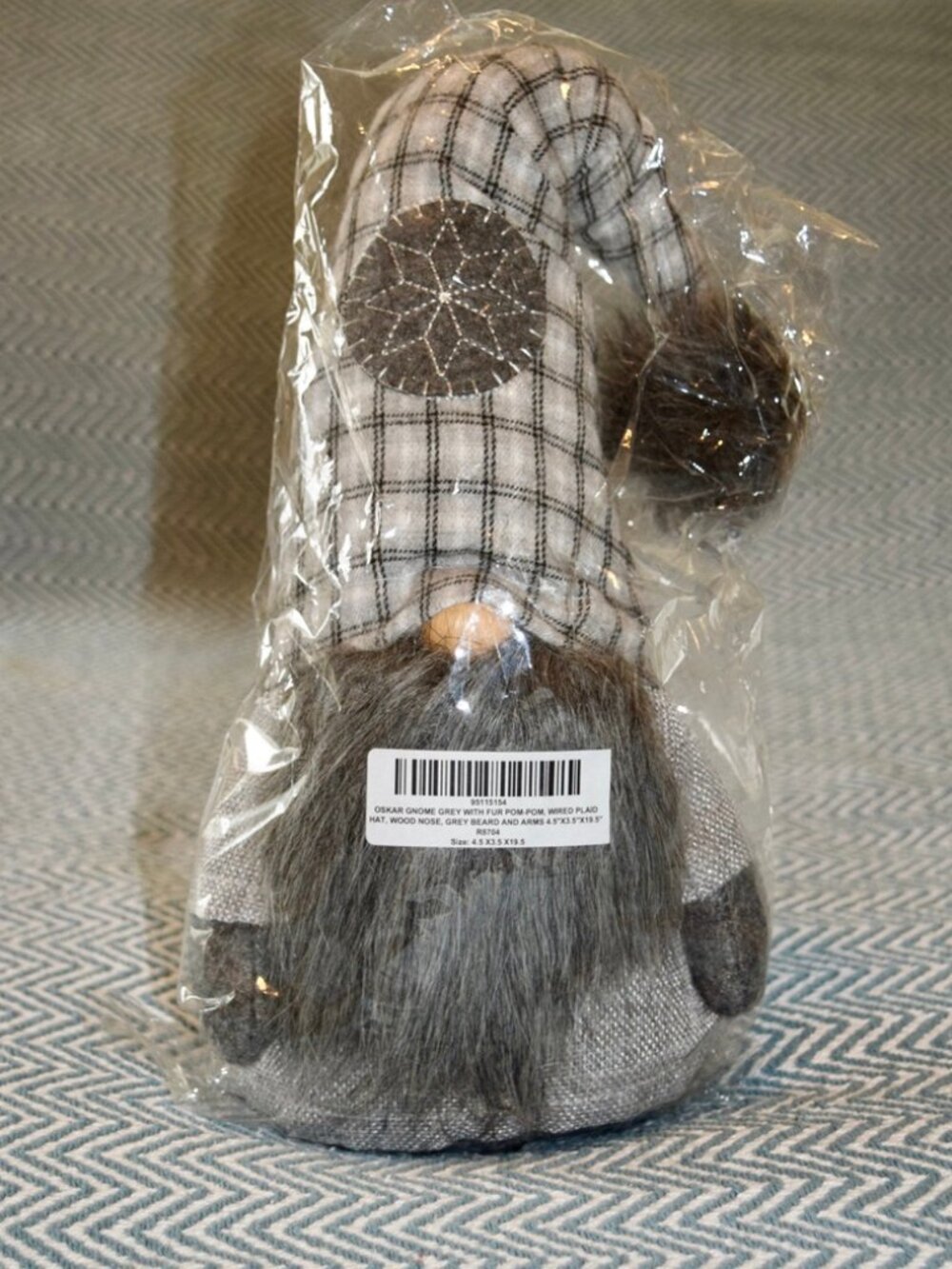 Zia Bella Gray & Cream Plaid Pompom Viking Oskar Standing Gnome 19.5'' Décor NEW